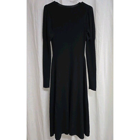 REBECCA TAYLOR Ribbed Knit V-Neck Puff Sleeves Midi Dress Stretch Black Size S - Picture 3 of 13